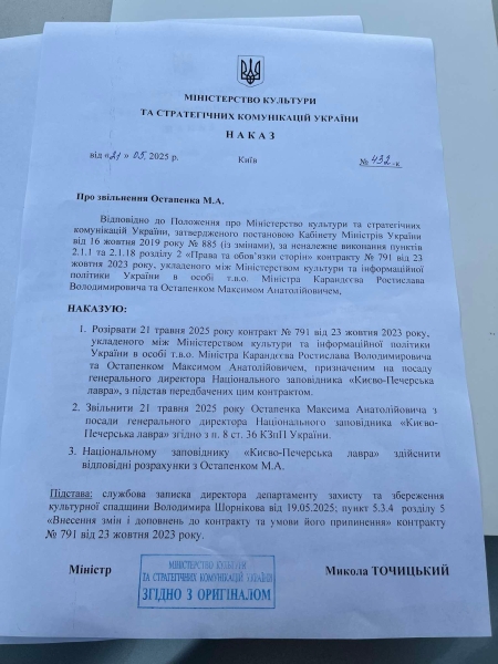 Міністерство культури звільнило директора заповідника «Києво-Печерська лавра»