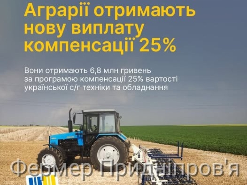6,8 млн гривень отримають покупці української агротехніки та обладнання за програмою компенсації 25% вартості